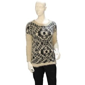 FU ZADE Fuzzy Geometric Print Sweater Cream Black Long Sleeve Women's Size S